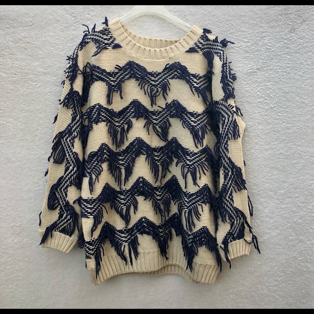 MinkPink Sweater Oversized Bohemian Shag Oversized Navy Cream XS